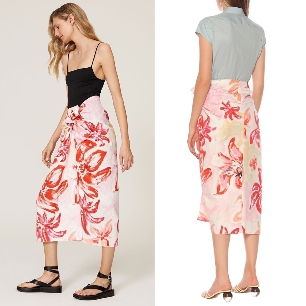 MARNI Pink Floral Poplin Cotton-Silk Blend Tropical Midi Sarong Wrap Skirt Sz 10 - Picture 3 of 10